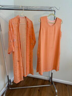 Soft peach beaded embroidered chiffon  coat/jacket dress 2pc